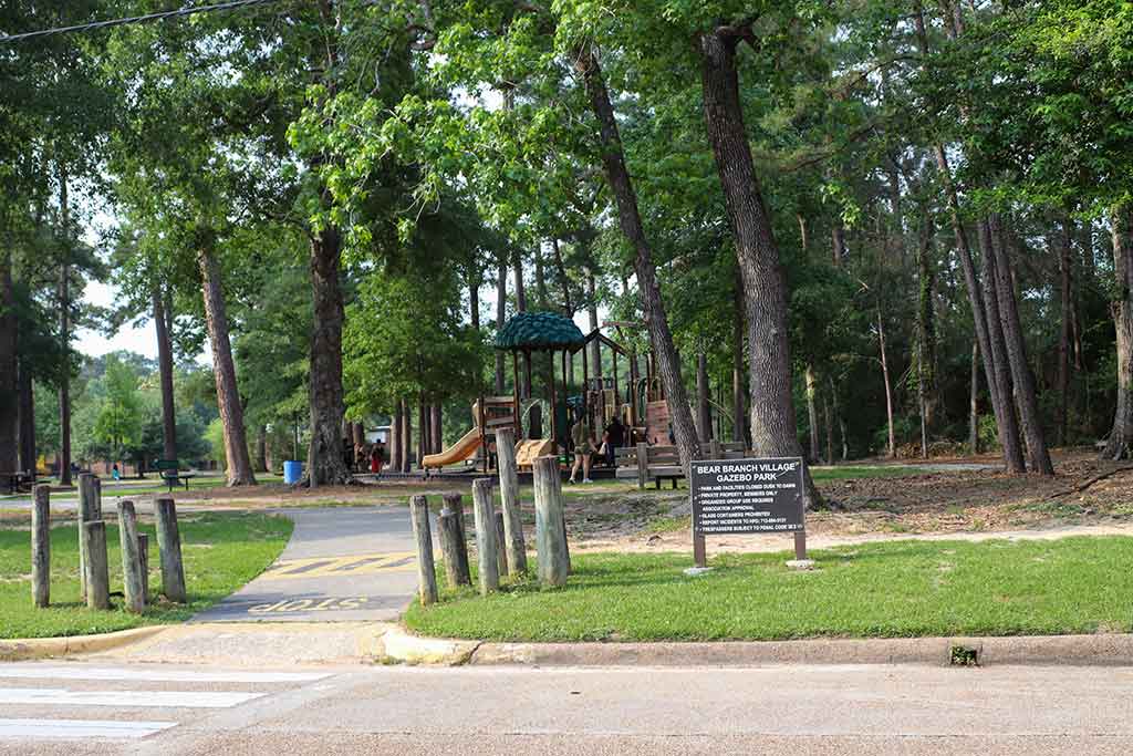 Park sign beside the gazebo in Bear Branch Village, Kingwood, Texas